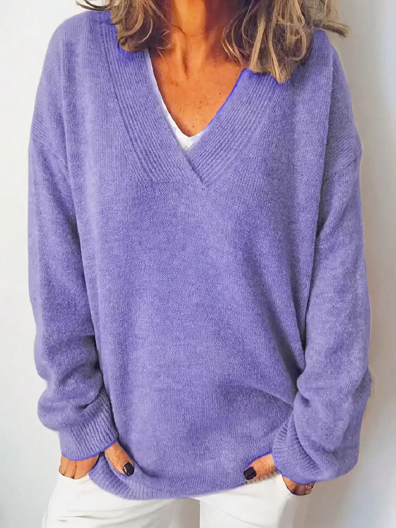 Herbst Winter Täglicher Casual Damen Übergröße V-Ausschnitt Langarm Pullover – Detail 8