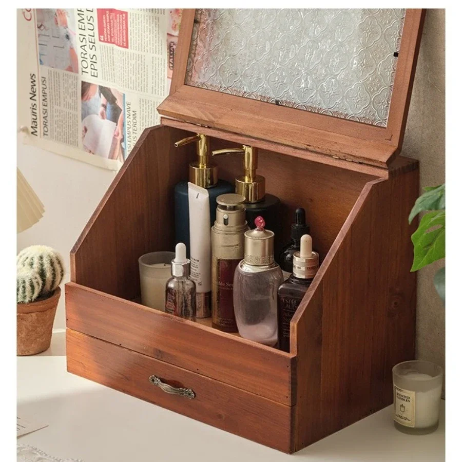 Wooden Cosmetic Organizer with Glass Top Multi-Use Storage Box for Makeup Jewelry Desk  Finishing Box Drawer Design
