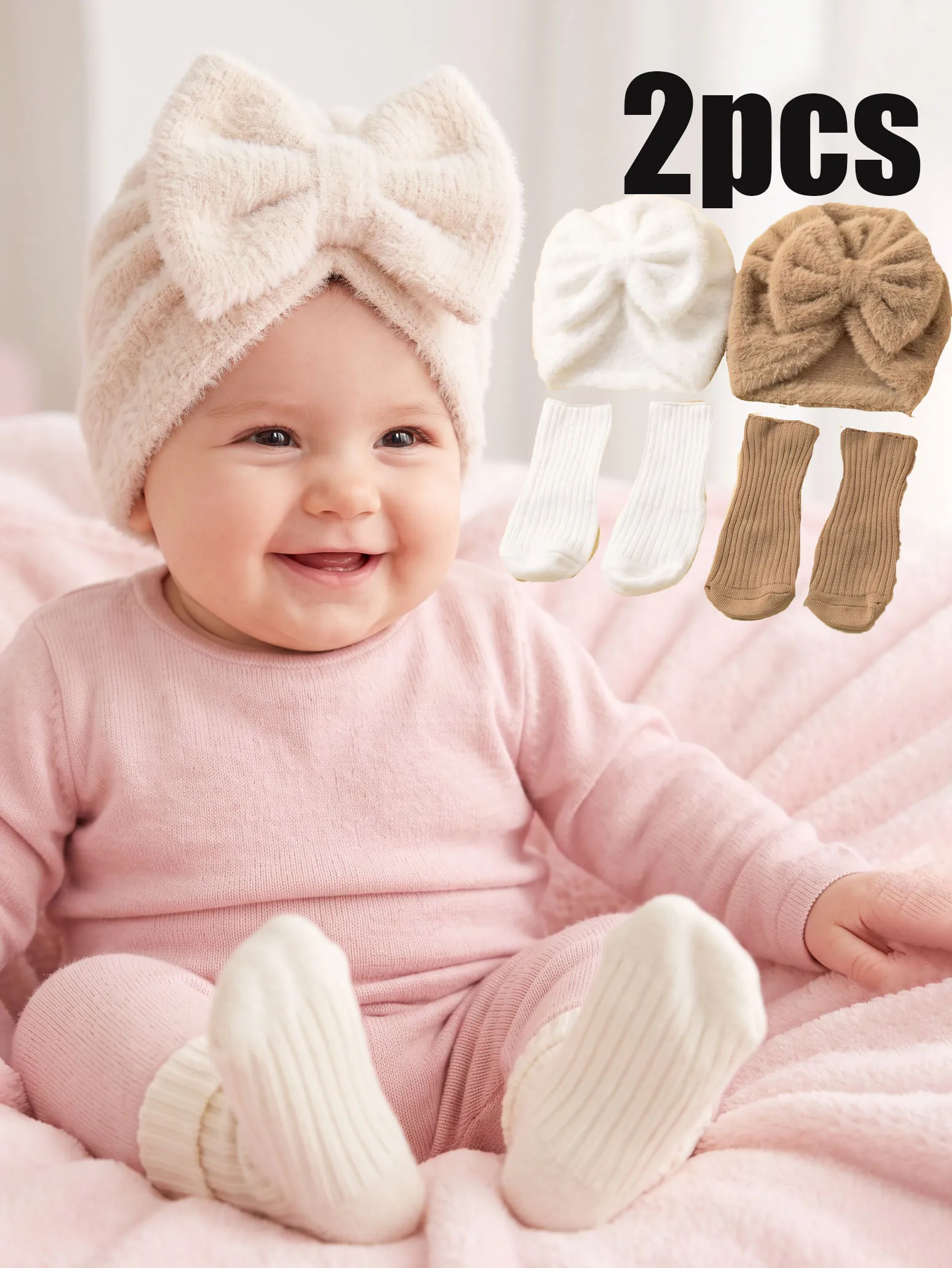 2PCS 3-12M Girls Plush Bow Hat & Socks Set Cute Baby Soft Outfit Newborn 100 Days Accessory Kit