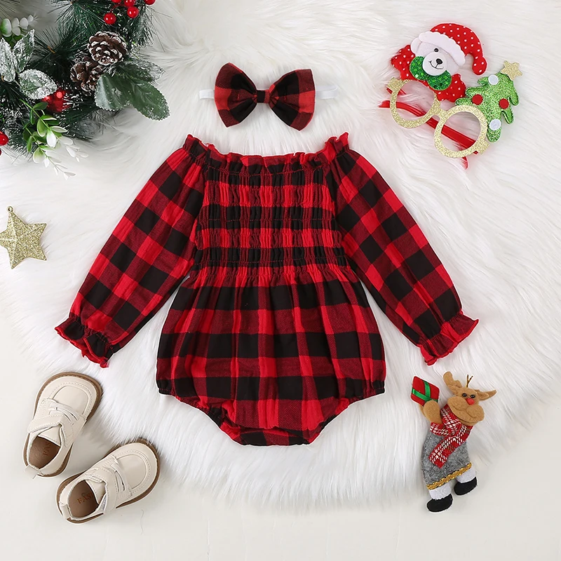 Autumn Christmas Newborn Girl Outfit Long Sleeve Off Shoulder Plaid Bodysuit Hairband Fall Xmas Clothes