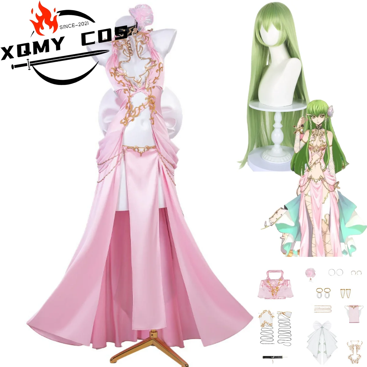 

XQAnime CODE GEASS Lelouch of The Rebellion CC Косплей Костюм Розовое вечернее платье Юбка принцессы Парик Женский сексуальный костюм на Хэллоуин
