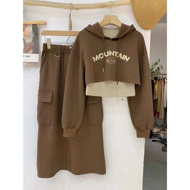 2024 Autumn New Large Casual Hooded Letter Sportswear Set Women's Autumn Coat Half Skirt Three Piece Set