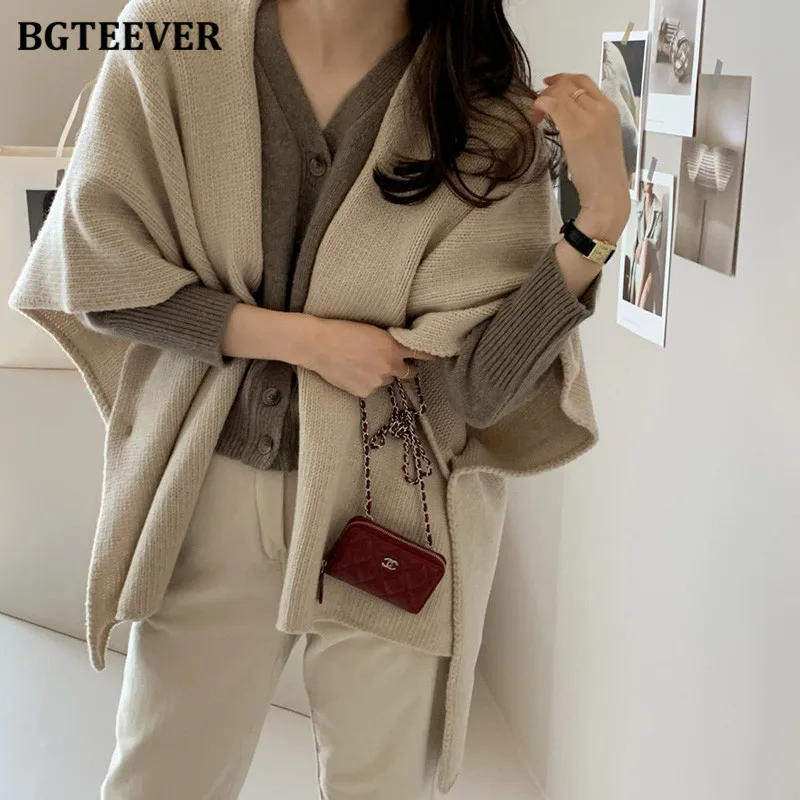 BGTEEVER Stylish Oversized Women Knitted Shawl Elegant Long Sleeve Loose Female Sweaters Coat Autumn Winter Ladies Cardigans