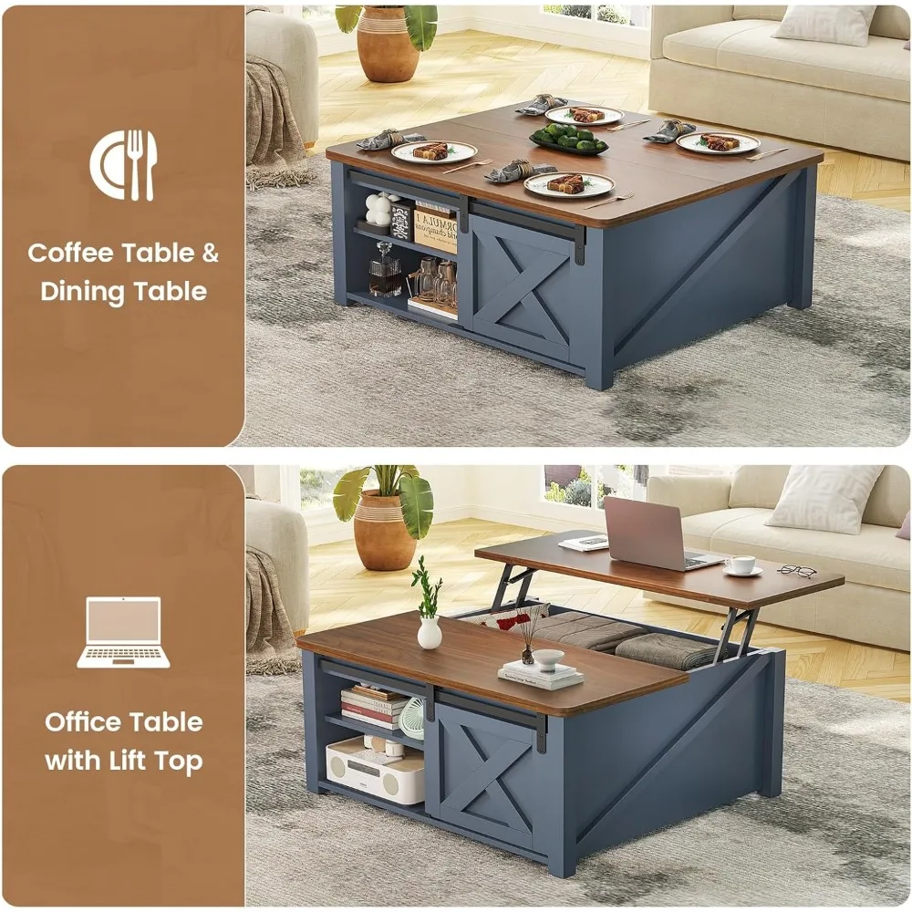 โต๊ะกาแฟทรงสี่เหลี่ยมสไตล์บ้านไร่พร้อมที่ยกและที่เก็บของสำหรับห้องนั่งเล่น พื้นที่เก็บของขนาดใหญ่ที่ซ่อนอยู่