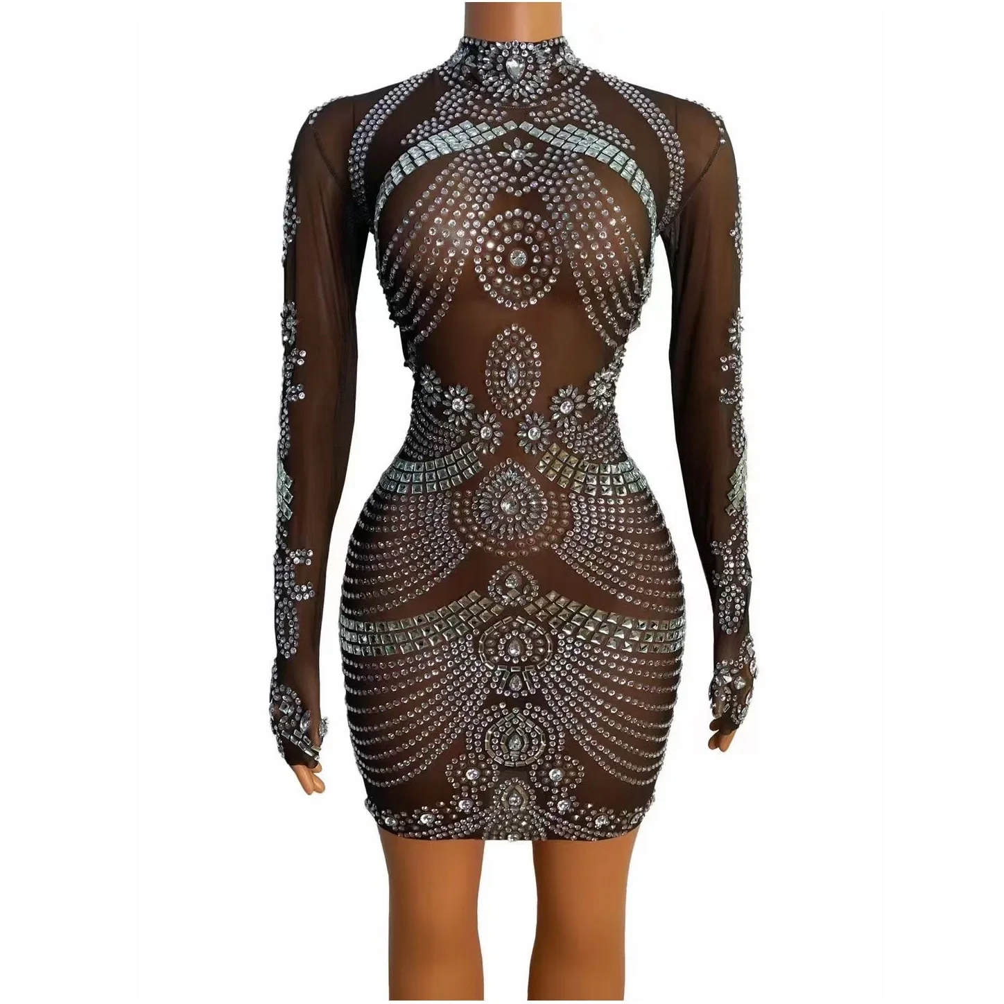 

Brown Shining Rhinestones Sexy Long Sleeves Sheath Dress For Women Nightclub Party Clothing Singer Stage Costumes Prom Wears