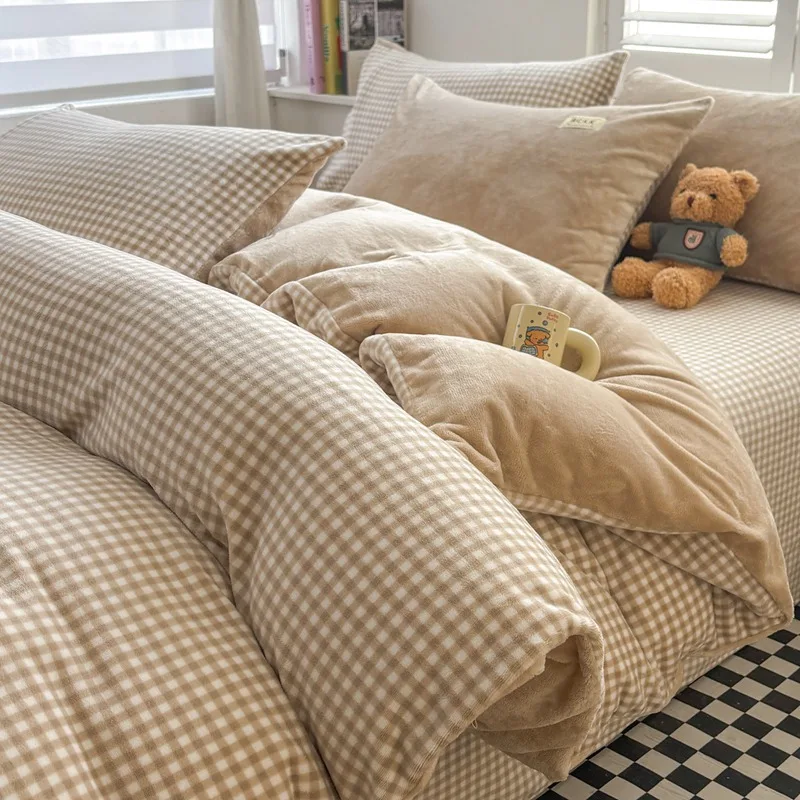 Winter milk fleece bed four-piece set thickened coral fleece bed sheet quilt cover three-piece bedding