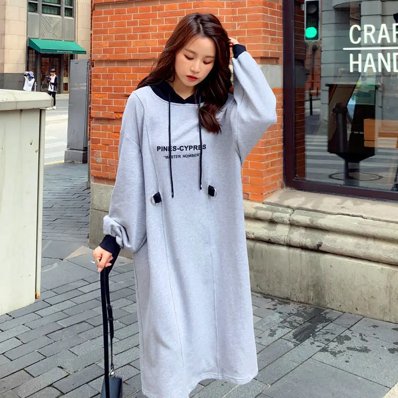 Spring Autumn New Contrast Hooded Casual Dresses Long Sleeve Letter Printing Lacing Dress Vintage Fashion Women Clothing