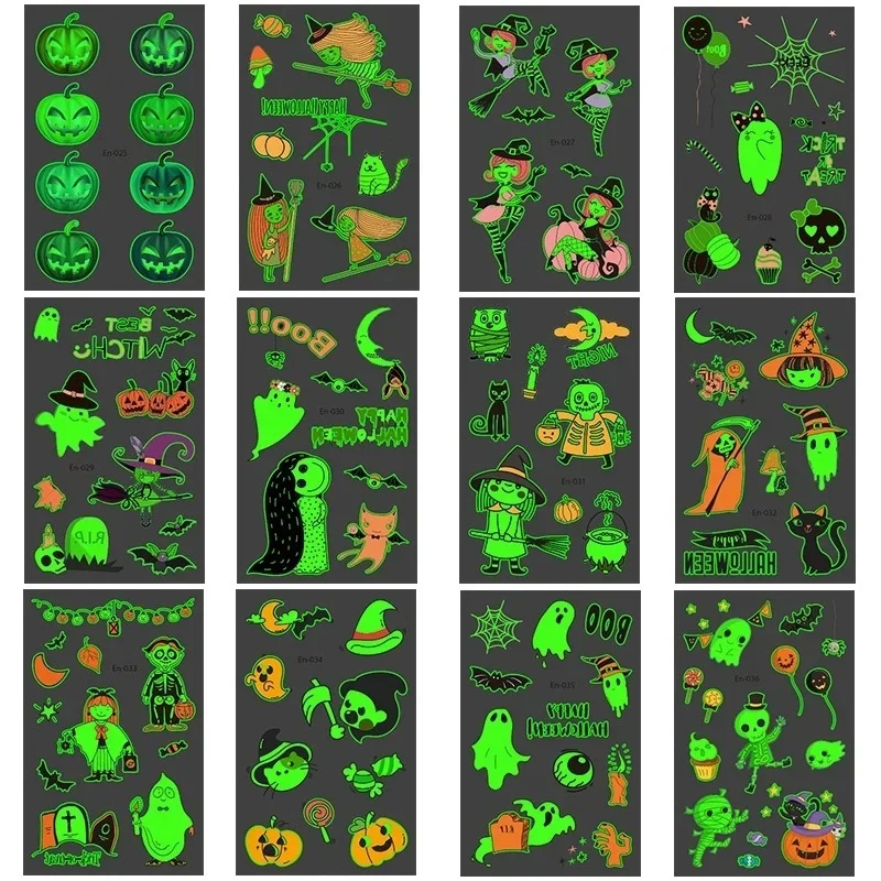 Tatuajes Temporales luminosos para Halloween, 12 hojas, decoraciones brillantes para Halloween, suministros para favores de fiesta de cumpleaños, tatuajes falsos