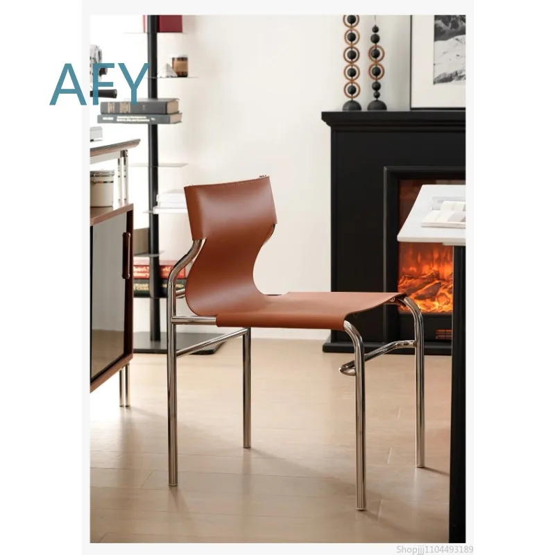 Saddle Leather Dining Chair for Modern Minimalist Backrest Designer Chair for Stainless Steel Frame Home Restaurant Furniture