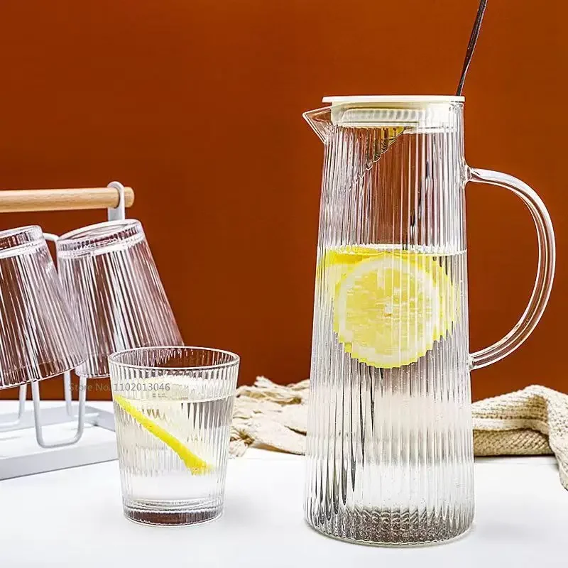 1.2L Stripe Thickened Glass Water Bottle With Stainless Steel Lid Cold Water Jug Pitcher Boiling Water Juice Glass Pitcher Bottl