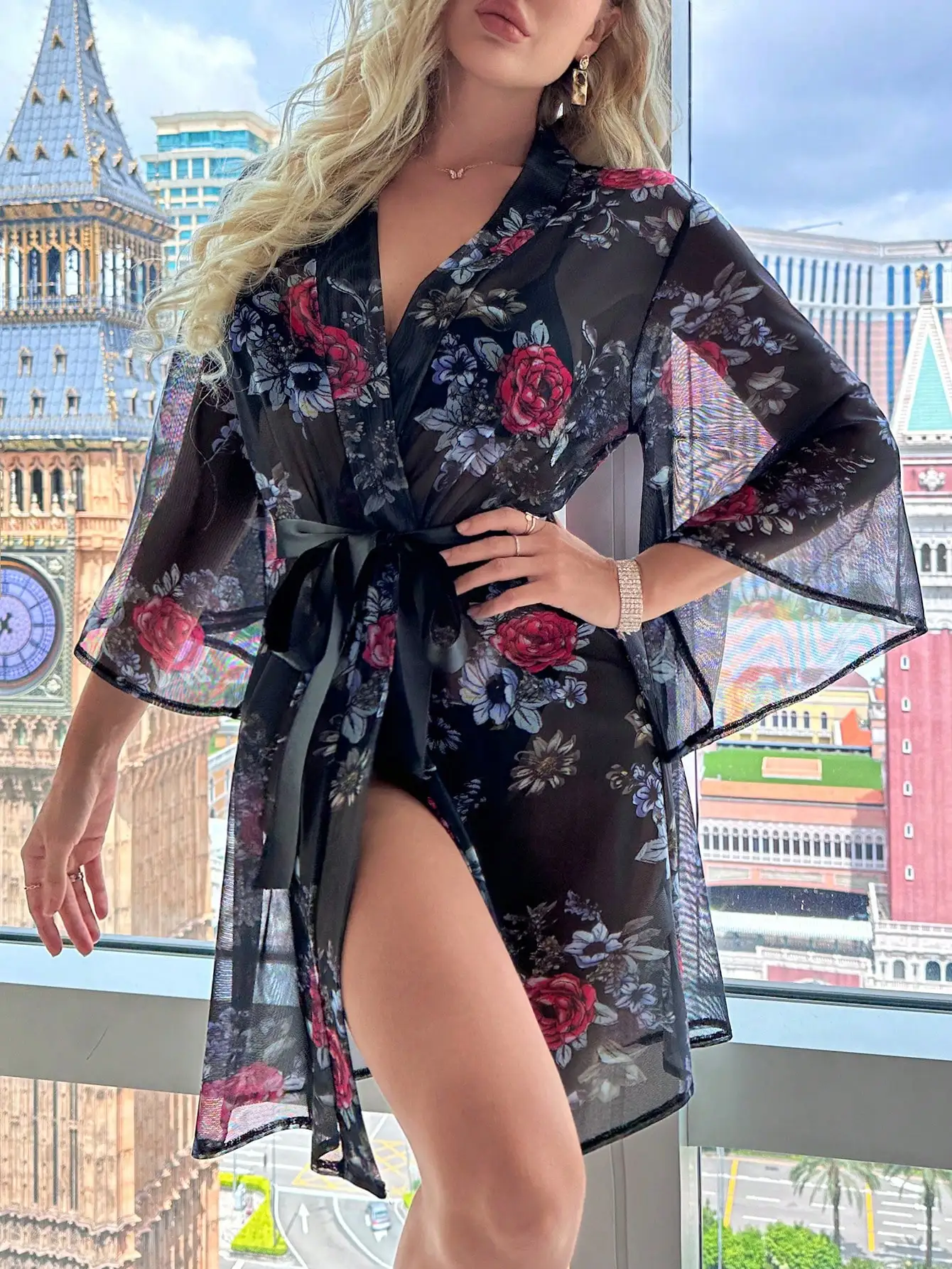 Sexy Bathrobe Froral Print Nightdress Mesh Nightwear Cozy Bridesmaid Wedding Party Floral Print  Night Robe