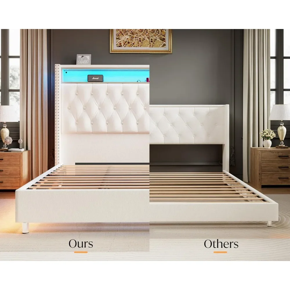 Queen Bed Frame with LED Lights Charging Station, Velvet Tall Upholstered Platform Bed Frame, No Box Spring NeededLM