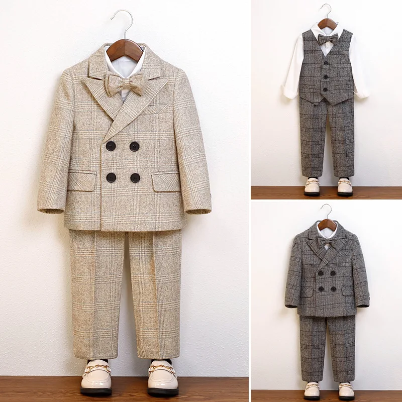 

Children's Autumn Winter Slim Suit Set Kids Plaid Khaki Blazer Vest Pants Boy's Birthday Host Performance Wedding Costume