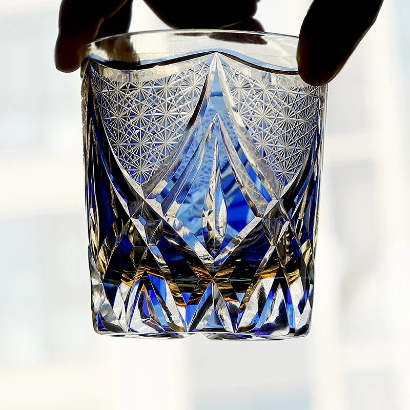 Hand Engraved Edo Kiriko 250ml Whiskey Glass Japanese Crystal Blue Copo Whisky Vaso Whisky Azul Barware Gift
