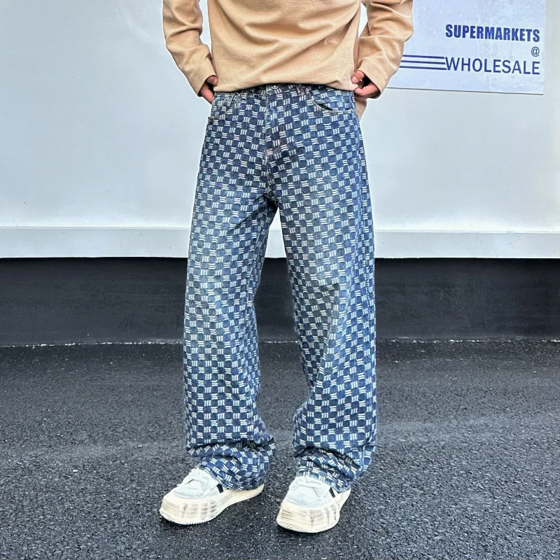 

Men's Vintage Blue Wash Checked Steel Pressed Floral Jeans Loose Straight Leg Denim Pants