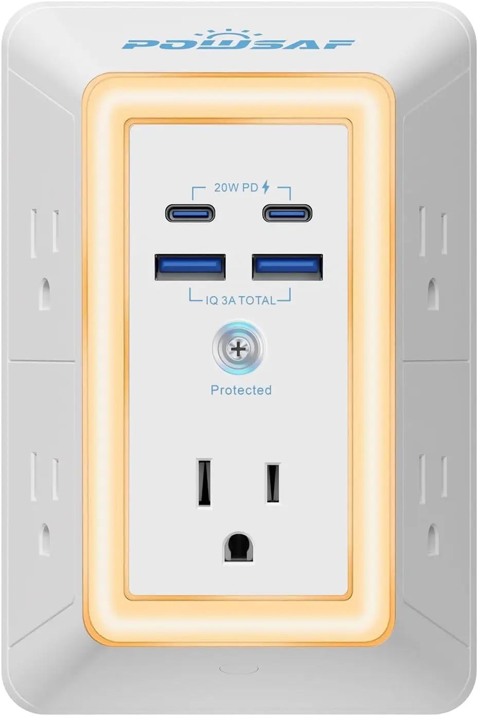 

Удлинитель на 5 розеток с 4 USB-портами (2 USB-C PD 20W), ночником, раздельными розетками - сертифицирован ETL, белый цвет