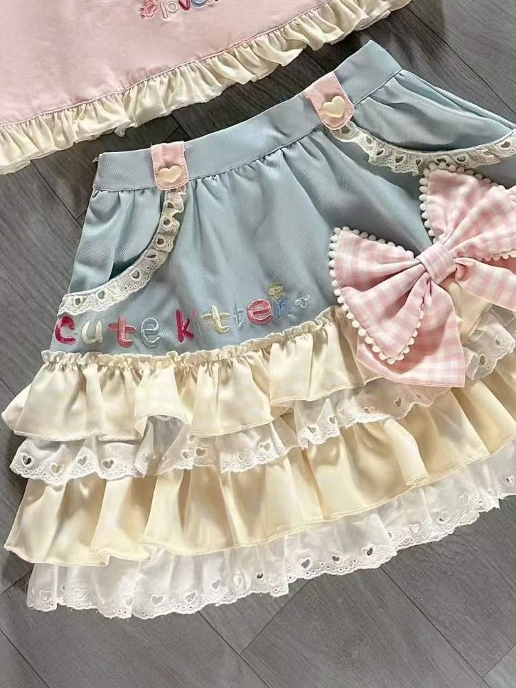 日本の女子大生風JK可愛いツーピースセット レディース レースパッチワークトップス＋ショートケーキスカート 新ファッション カワイイ原宿サマースーツ