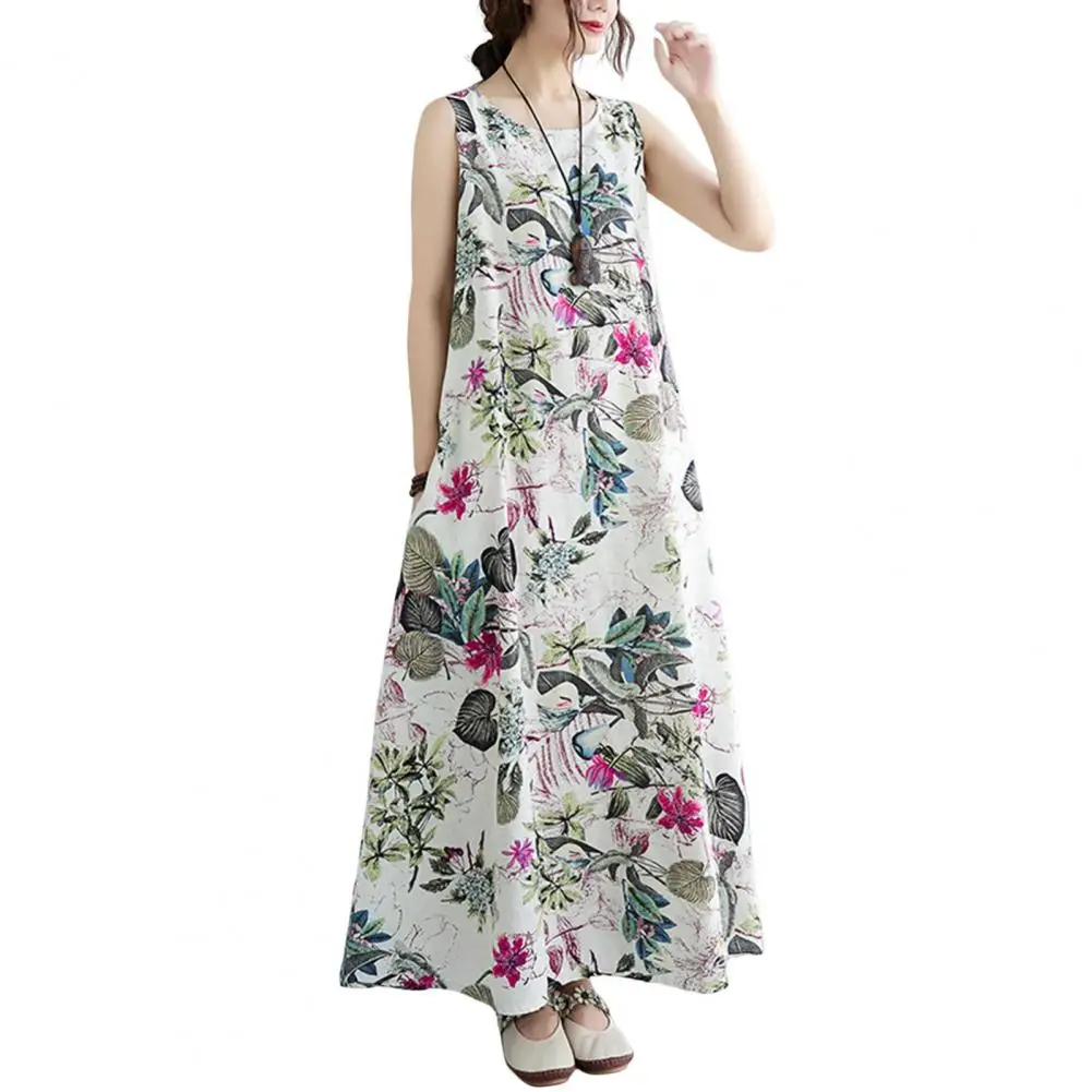 

Round Neck Printed Dress Floral Print A-line Maxi Dress with Retro Vibes Pockets for Dating Parties Vacation Printed Dress