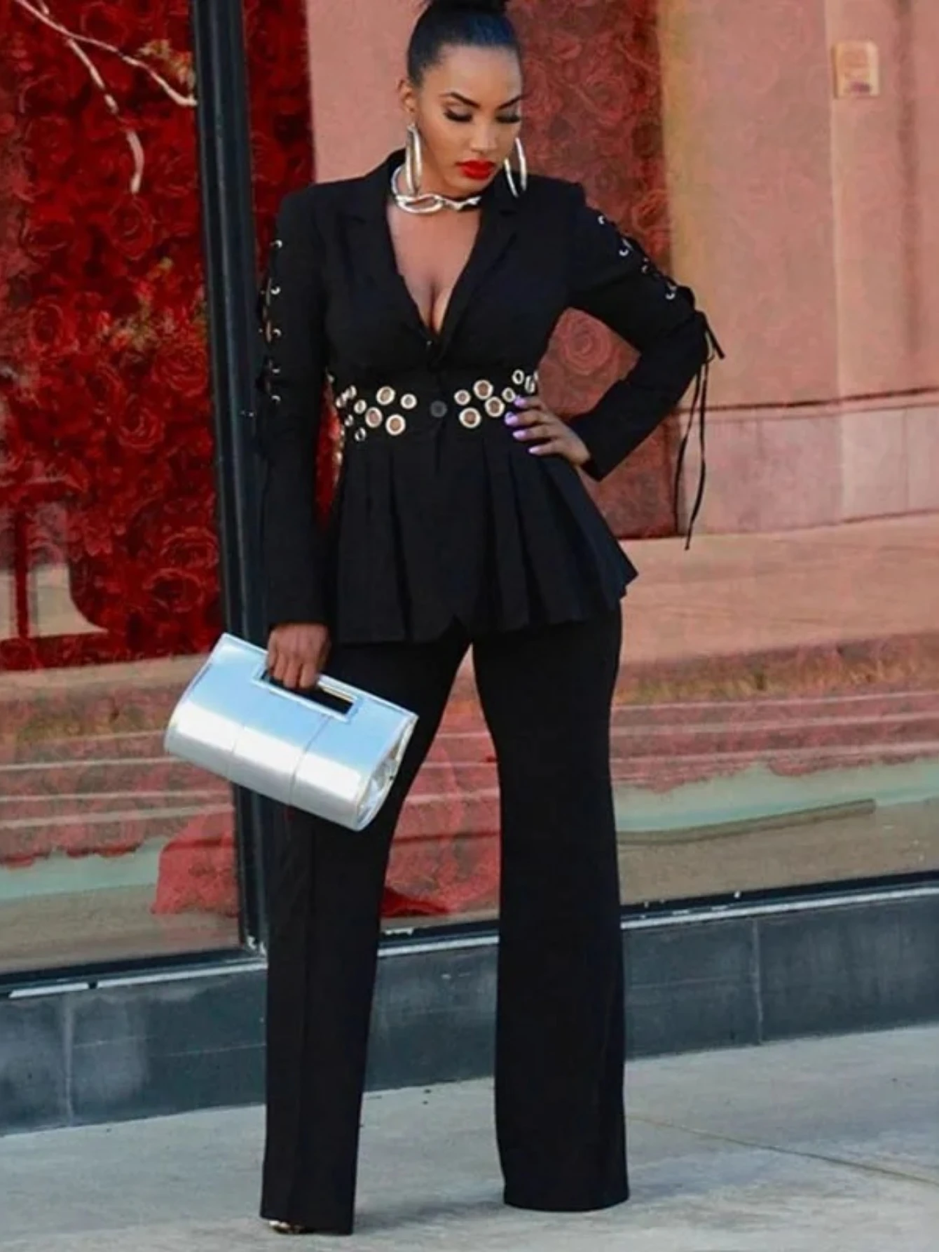 

Black White Two Piece Set Women Club Party Outfit Metal Ring Hollow Out Long Sleeve Blazer Top and Pants Matching Sets