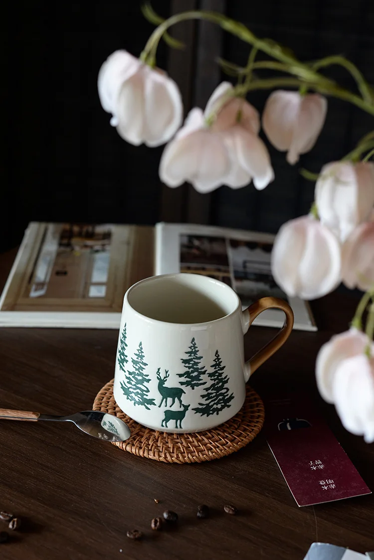 Christmas Tree Ceramic Mug Pine Pattern Coffee Milk Drinking Cup For Home Office Breakfast Daily Beverage Table Party Use