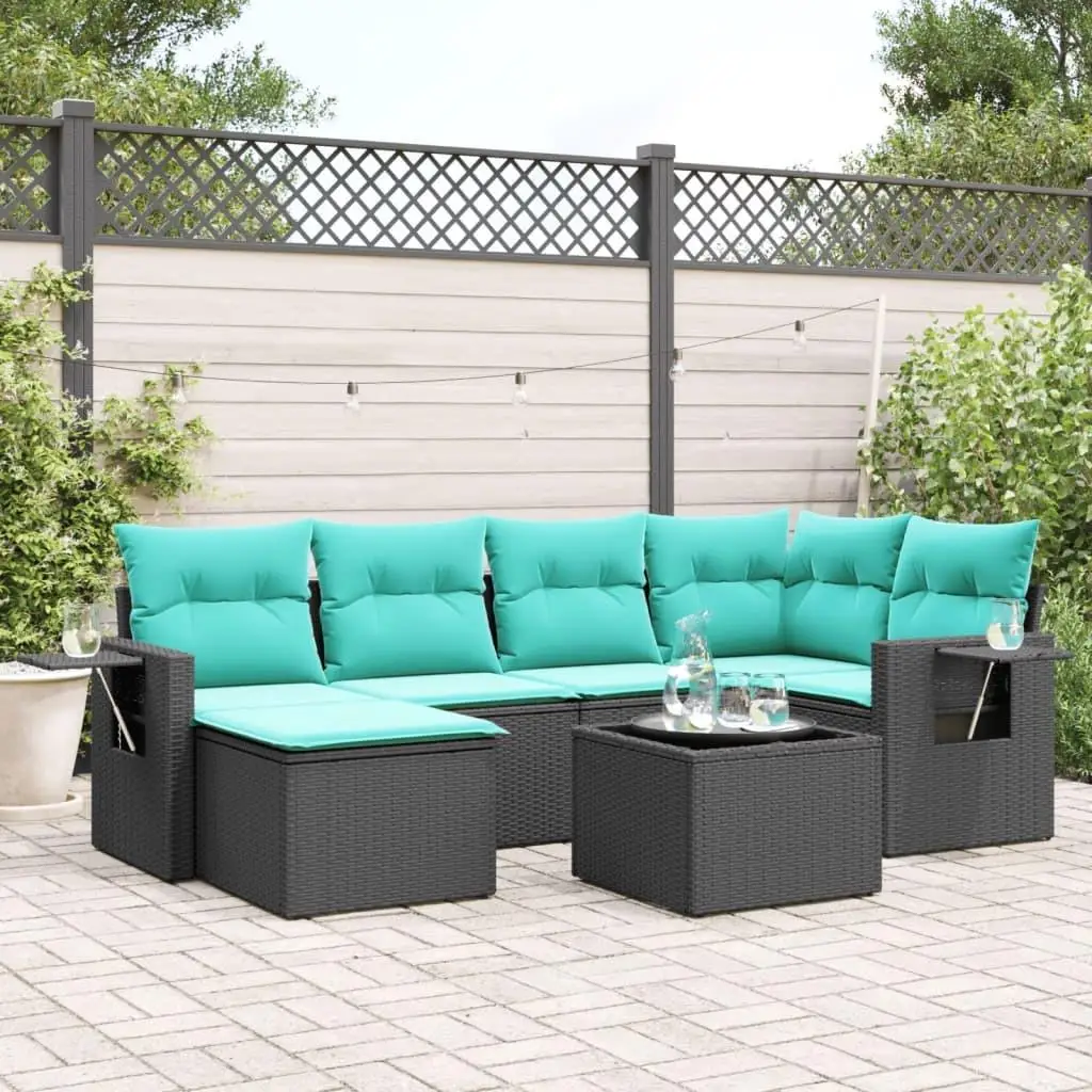 

Comfortable 7 Piece Black Poly Rattan Patio Sofa Set with Soft Cushions Outdoor Furniture