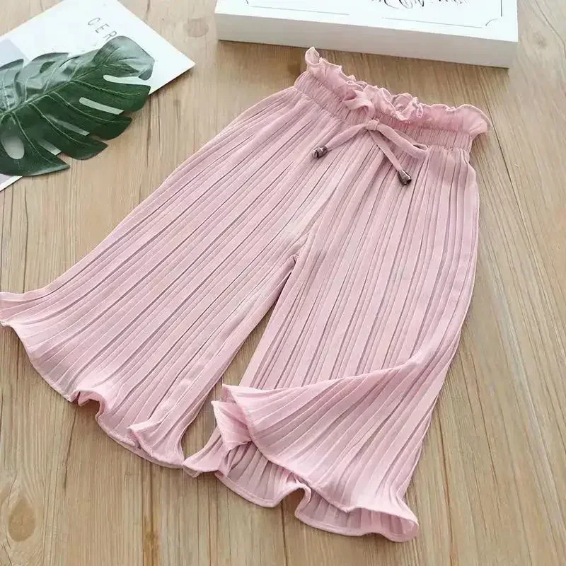 Baby Fashion Lace Chiffon Waist Flare Trousers Childen\'s Girls Summer Ice Silk Wide Leg Pants  Kids Girl Loose Cropped Trousers