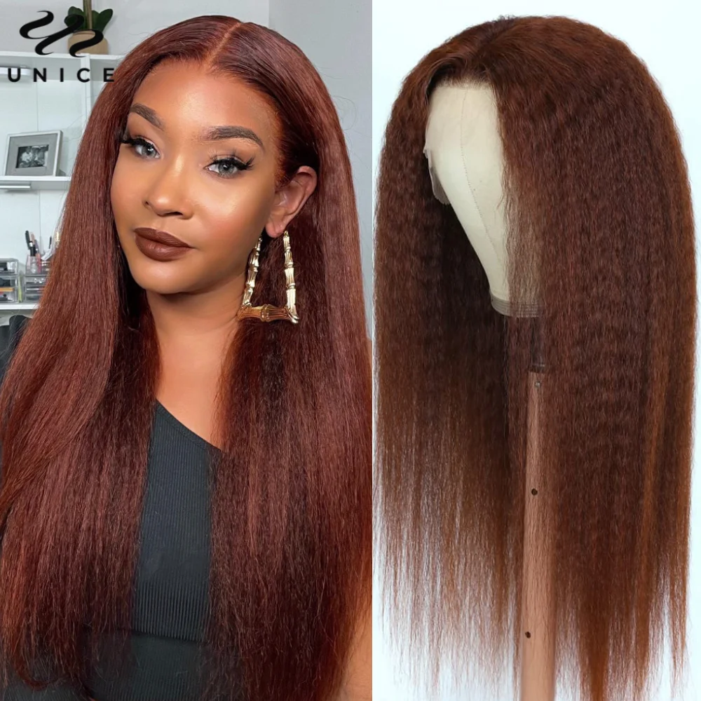 UNice Hair Reddish Brown Kinky Straight 13x4 Lace Human Hair Wigs Pre Plucked Lace Frontal Wig 150% Density Lace Wigs for Women
