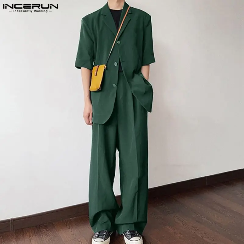 2024 Men Sets Solid Color Streetwear Lapel Short Sleeve Blazer & Straight Pants 2PCS Fashion Men's Casual Suits S-5XL INCERUN