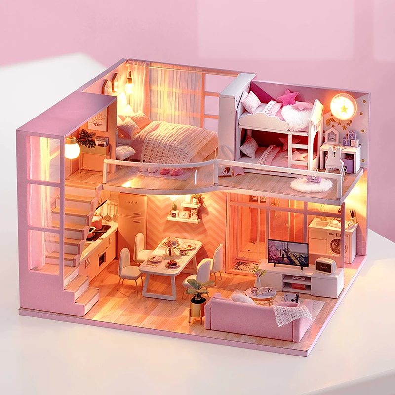 Appartamento duplex fai-da-te Mini casa delle bambole in legno Kit Puzzle 3D Modello di assemblaggio Costruzione di produzione Giocattoli per regali di Natale Case delle bambole