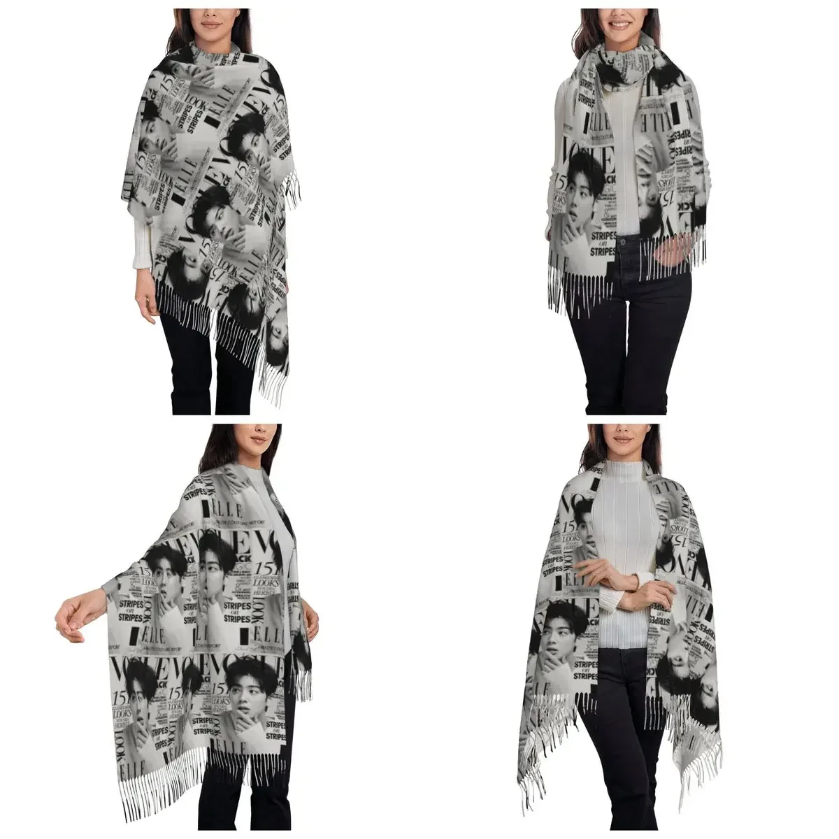 Cha EunWoo Kpop أسترو وشاح شرابة الأوشحة النساء شالات دافئة ناعمة ويلتف كبير الخريف الشتاء شال التفاف