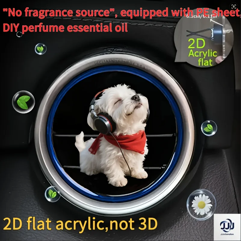 

2D плоская фигурка - Милый белый щенок с наушниками, который крепится на автомобильный воздуховод, служит украшением для салона автомобиля.