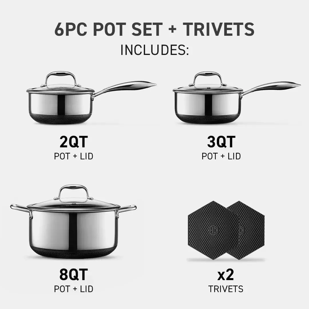 Hybrid Nonstick 6-Piece Pot Set with Trivets, 2, 3, and 8-Quart Pots with Tempered Glass Lids, 2 Silicone Trivets