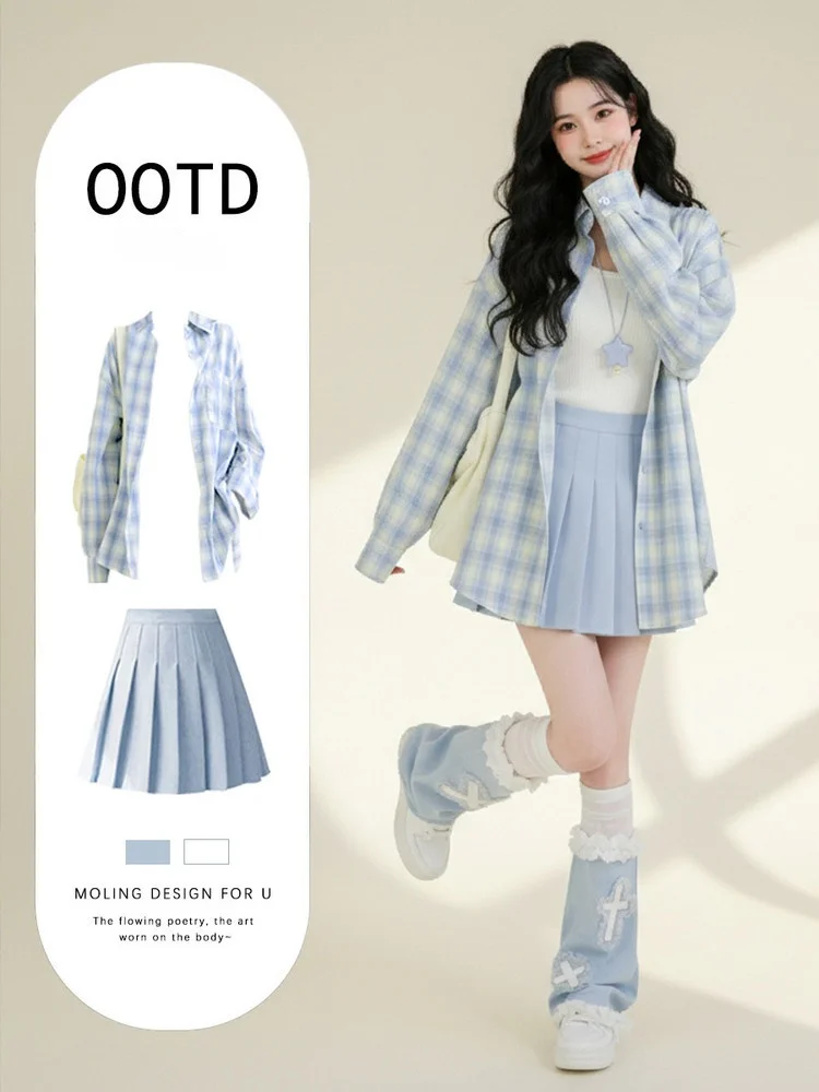 Conjunto de Falda Plisada y Camisa a Cuadros Azul Estilo Coreano para Mujer, Atuendo de Primavera, Traje de Dama de Honor Sencillo a Juego