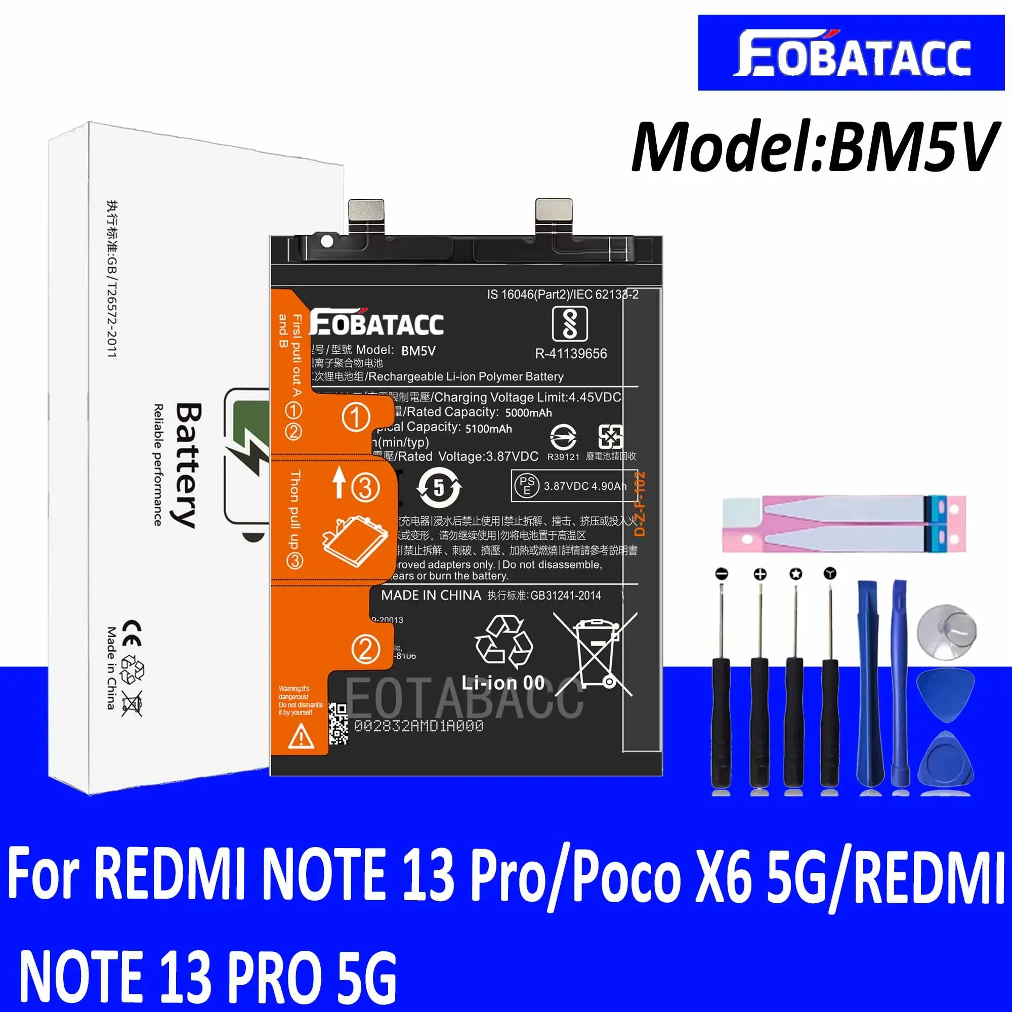 

EOTABACC 100% New Original Battery BM5V For XIAOMI REDMI NOTE 13 Pro/Poco X6 5G/REDMI NOTE 13 PRO 5G Battery +Tools