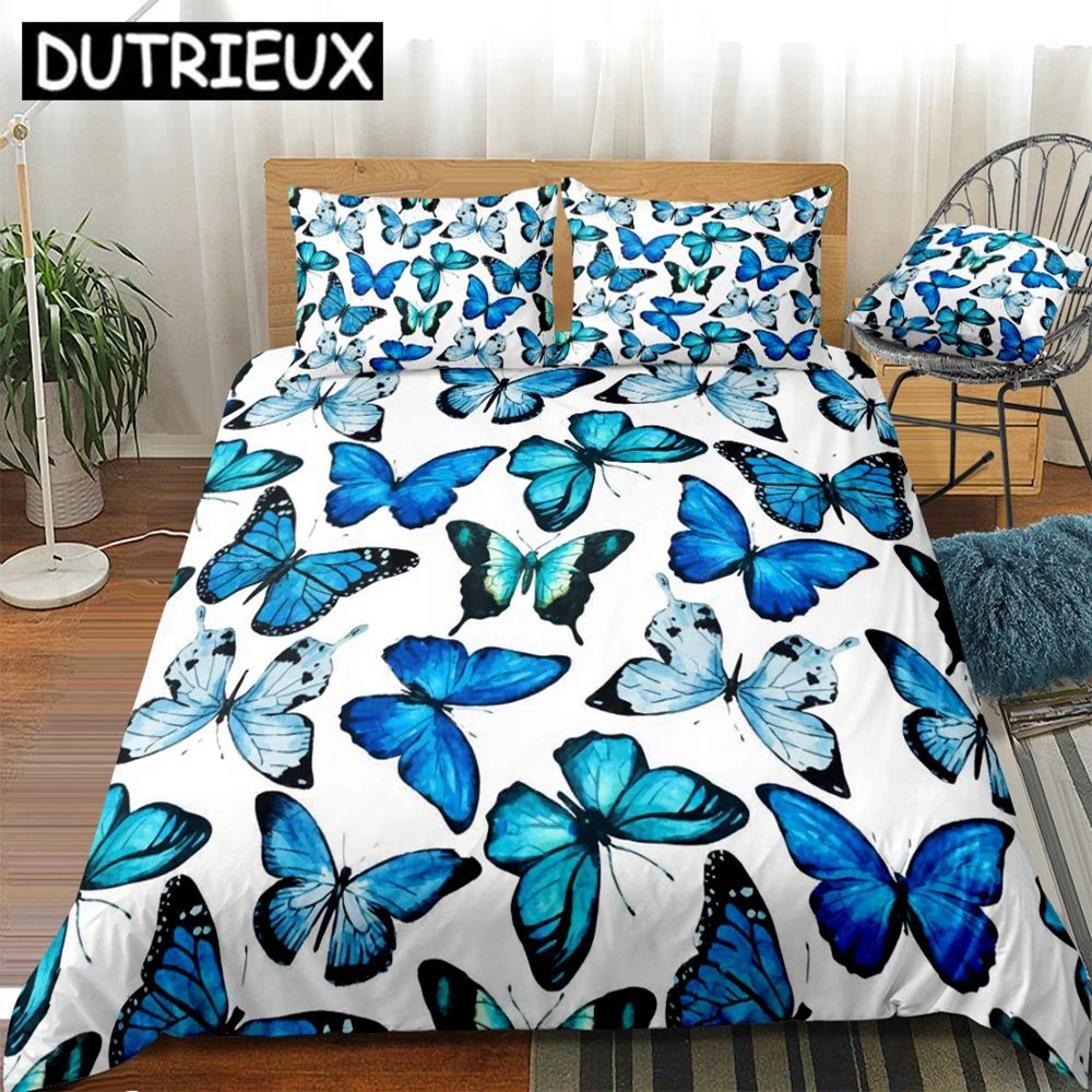 

Queen - Sized 3 - Piece Watercolor Blue Butterfly Duvet Cover Set for Kids Girls - White Bedding, Ideal for Dropshipping