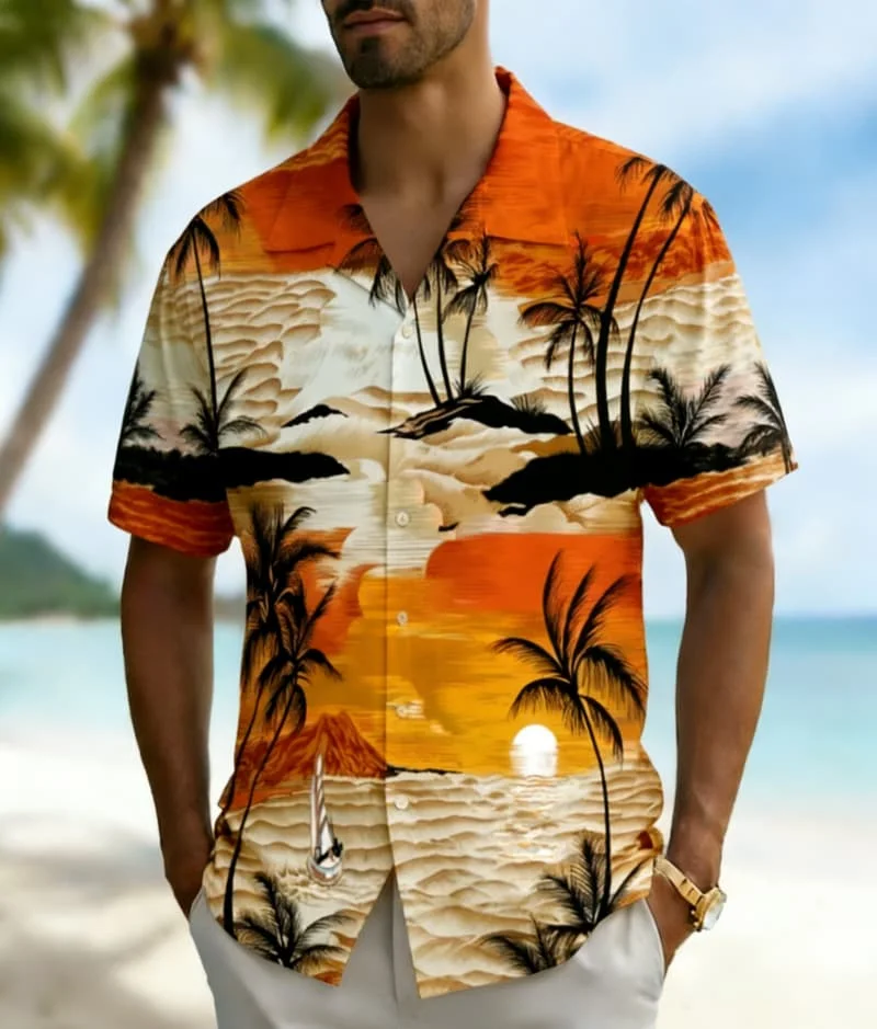 Men's Premium Tropical Sunset Print Shirt, Luxury Casual Design for Summer Vacation, High-End Beachwear & Daily Style