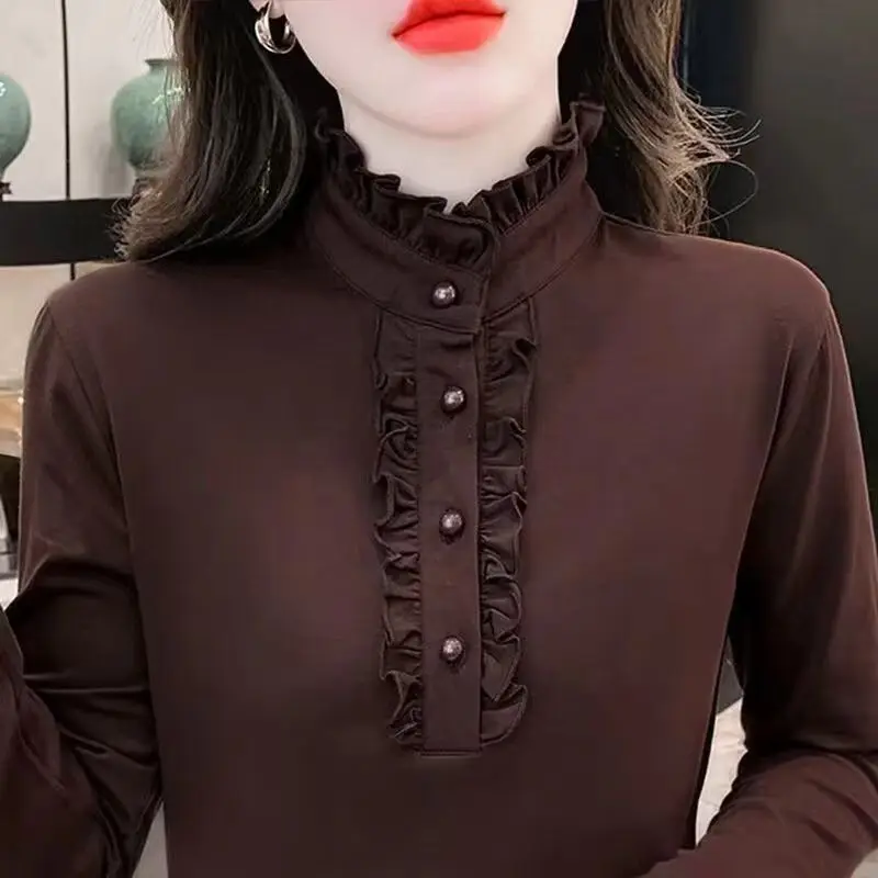 

Slim Fit Fce Lined Long Sve Women's T-irt Faionable Button up Collar irt Inner Wear Base Layer Top in Coffee Color