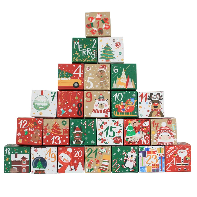 24Pcs Christmas Advent Calendar Boxes Kraft Paper Candy Box 24 Days Advent Countdown Gift Boxes Christmas Home Decorations 2024