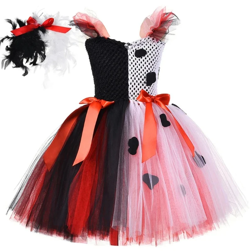 Dalmatian Dog Cosplay Dresses for Kids Animal Cruella Halloween Costumes for Girls Carnival Party Outfit Birthday Fancy Clothes