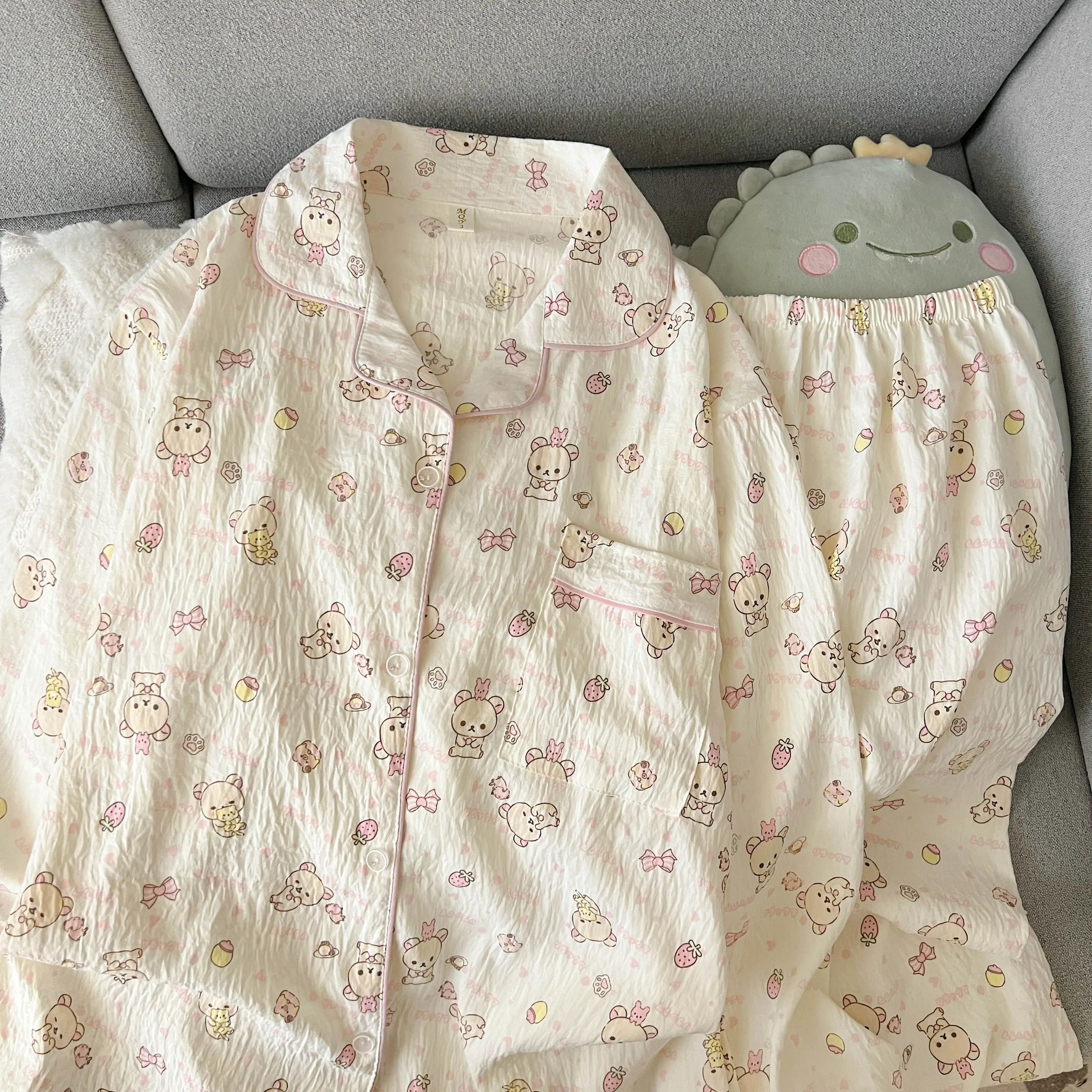 Kawaii Women's Long-Sleeve Printed Sweet Loungewear Set with Elastic Waist Pants