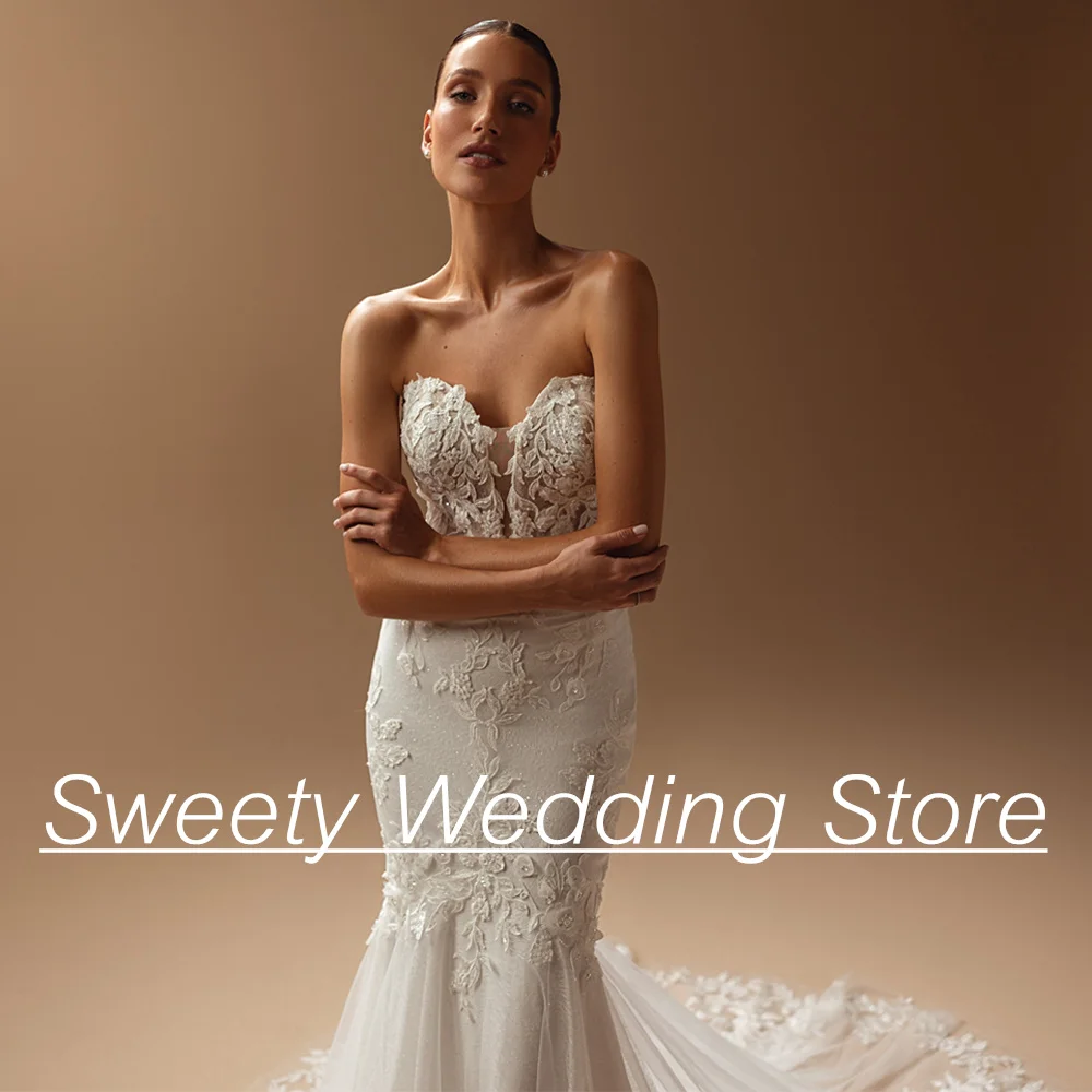 رائع حورية البحر فستان الزفاف الحبيب بلا أكمام الوهم زين بريق تول قطار المحكمة حفلات الزفاف ثوب الزفاف #5