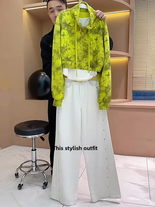 

Spring 2026 High-End Casual Sportswear Set Women's Stylish Slimming Sweatshirt White Wide Leg Pants Two-Piece Ensemble