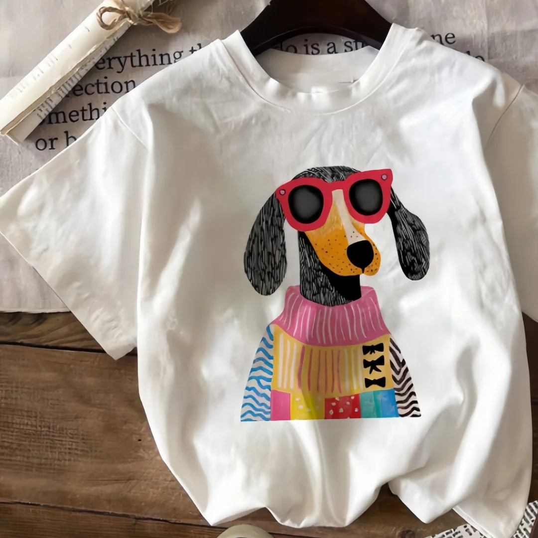 Cartoon fashion puppy print short-sleeved T-shirt casual and versatile style suitable for women's daily and outing wear