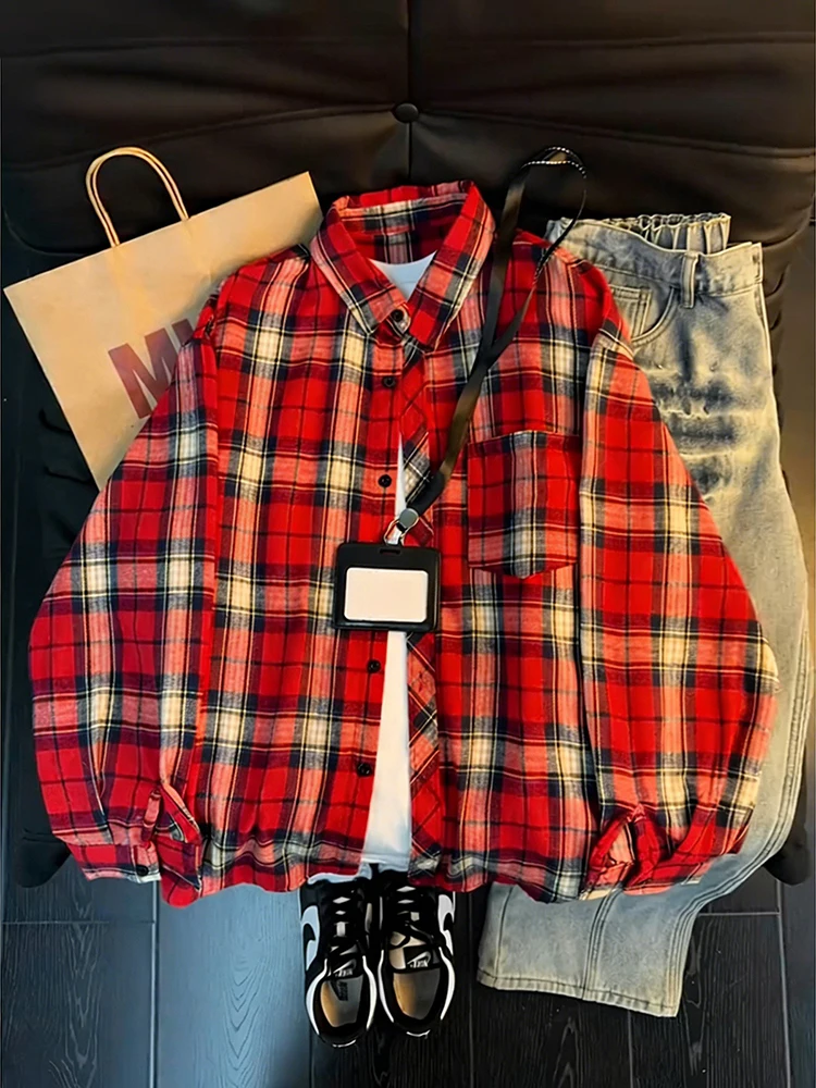 

Red Plaid Long Sve Men's irt Inner Wear Vintage American Sle Jaet Spring Design Open Cardigan irt Layering Faion