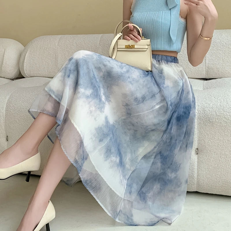 Korean Fashion Tie Dye Chiffon Voile Skirt Women Casual Elastic High Waist Spring Summer Party Midi Long Skirts Ladies