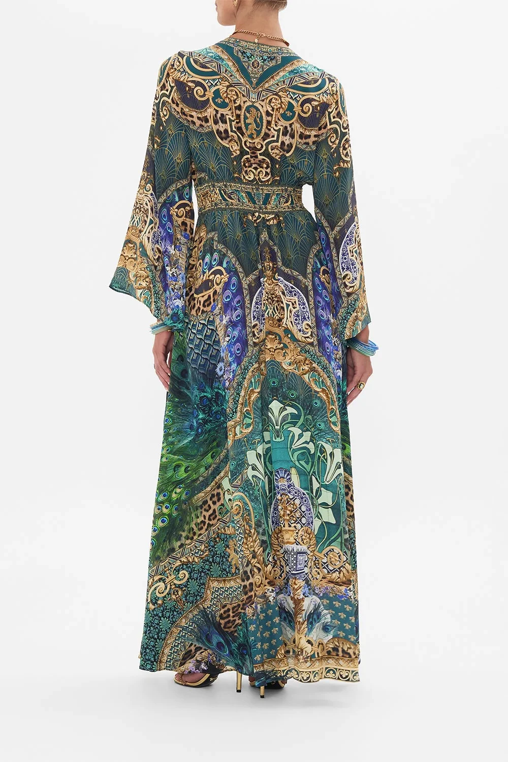 Women Deep V-Neck 100% Silk Full Sleeve Big Swing Peacock Printed Holiday Maxi Dress