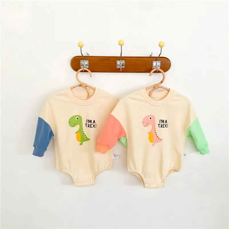 0-12months Baby Girl Boy Romper Long Sleeve Round Neck Cartoon Dinosaur Print Crotch Buttons Warm Bodysuit