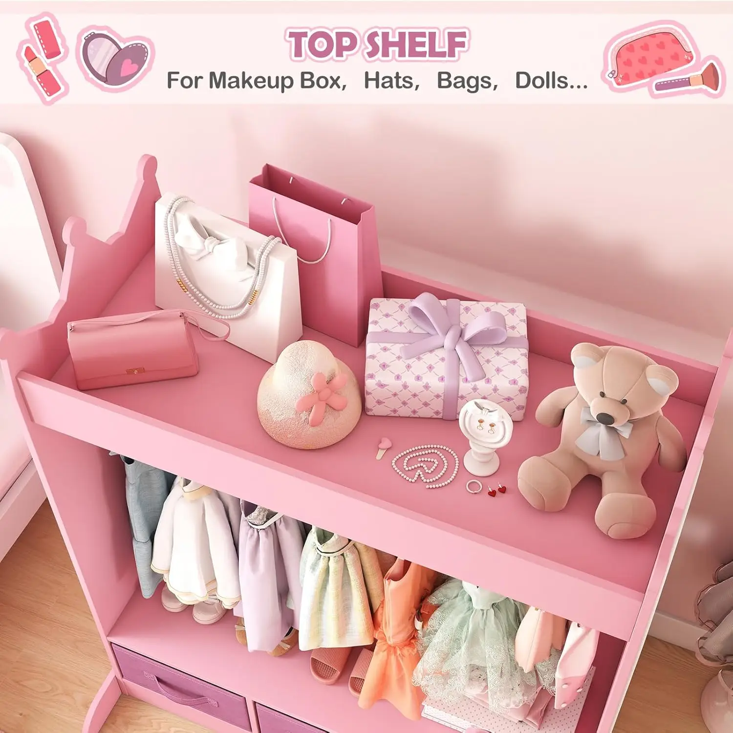 Cassettiera per bambini con specchio e cassetti, armadio portaoggetti per sala giochi rosa