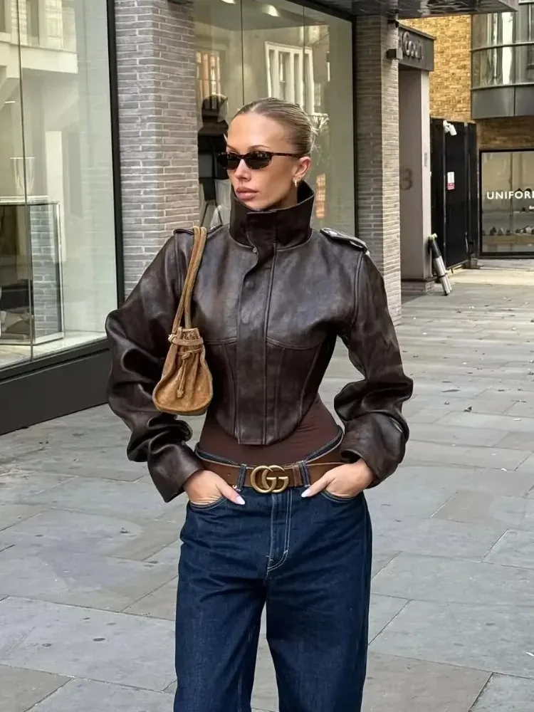 

Faux Leather Jacket Solid Waist Cinching Leather Jacket Women Stand Collar Full Sleeve Grow Leather Jacket Zipper Buckle Coat