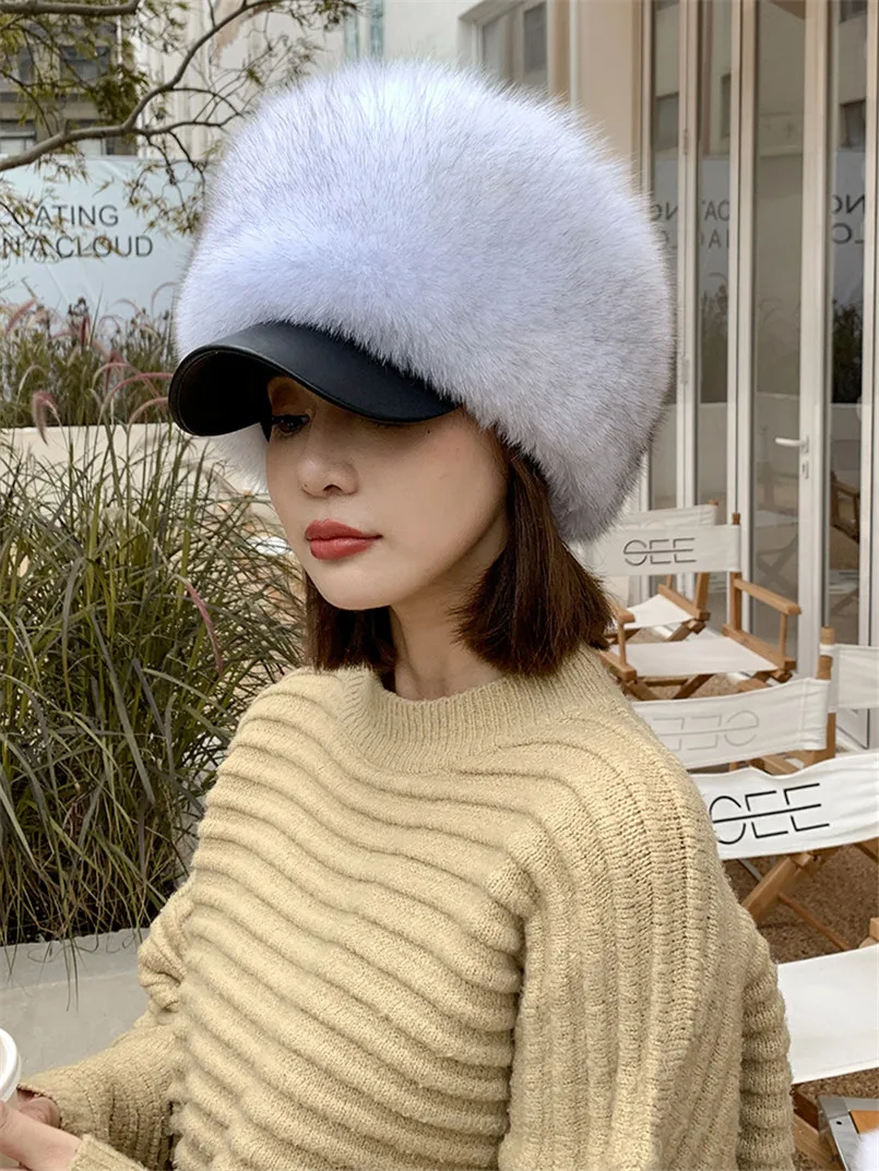 Elastic Real Blue Fox Fur Baseball Cap Fluffy Winter Snow Outdoor Hat New Fashion Head Accessories